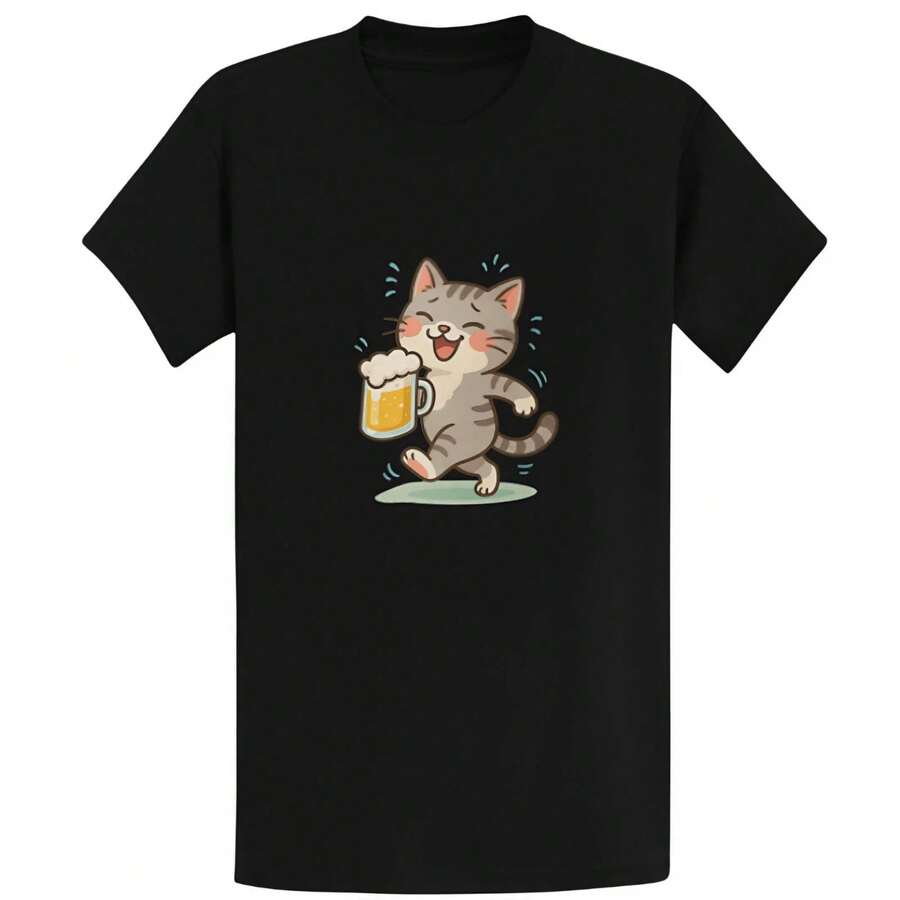 Men's Printed Short-Sleeve T-Shirt, Casual Office Wear, Everyday Wear, 100% Cotton. T-Shirt With A Cat Drinking Beer Design - A Fun Gift For Cat Lovers - 100% Pure Cotton. - 黑色 - 查看 1