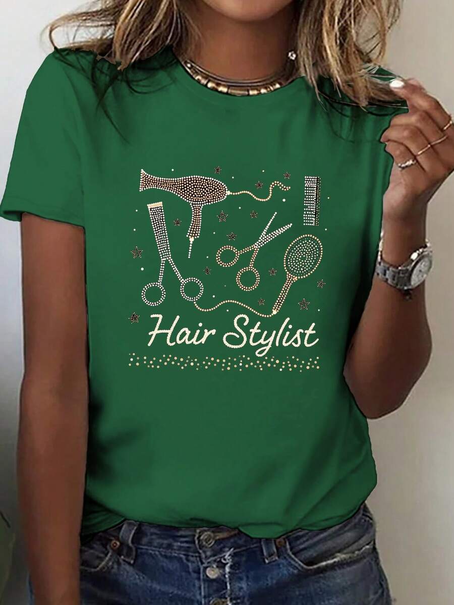 Camiseta casual de manga corta y cuello redondo, diseñada pensando en las herramientas de peluquería, perfecta para primavera y verano, exclusiva para mujeres. - Verde - Ver 1