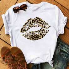 New Women's T-Shirt With Pink Lips And Leopard Print, Casual Style, Round Neck, Sexy, Black, With Kiss Design, Fun, For Girls, Dropshipping - 彩色 - 查看 4