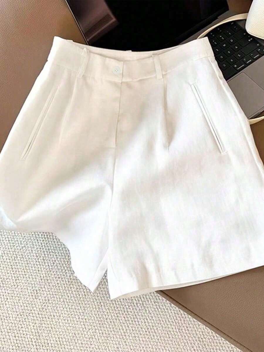 White Loose High Waist Casual Shorts Women, Slimming Wide Leg Shorts - 白色 - 查看 1