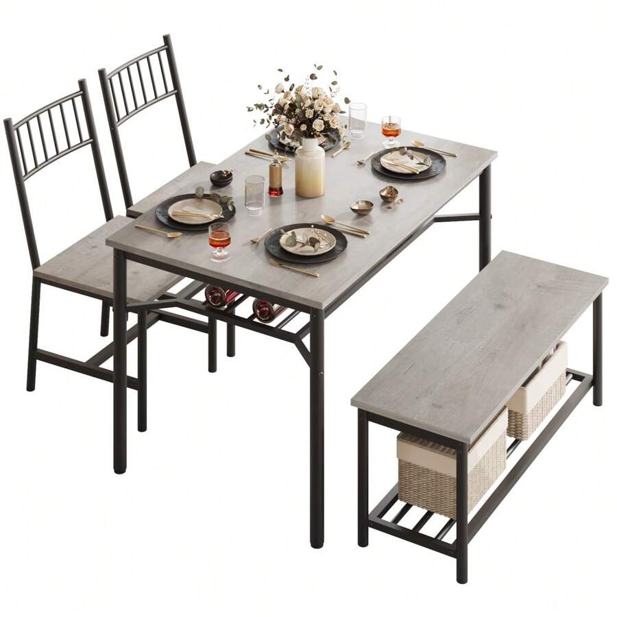 Space-Saving 4 Piece Dining Table Set Rectangular Kitchen Table With Wine Rack – Modern Vintage Style - Grey - View 1