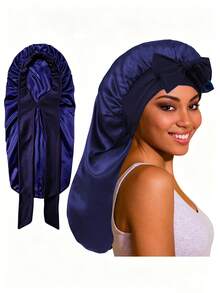 CONFLASS 1pc Women's Adjustable Satin Bow Long Sleeping Cap, Suitable For Braided And Curly Hair, Plus Size With Drawstring Design, Ideal For Overnight Hair Care - Multicolor - View 9