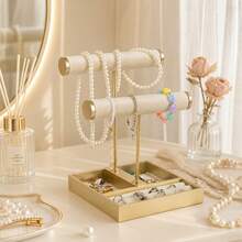2-Tier Detachable T-Shape Jewelry Stand Elegant Velvet Bracelet Necklace Display Rack Organizer For Vanity Table Bedroom Dresser Storage Home Decor - Multicolor - View 3