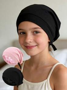 1 pieza Gorro de dormir ajustable para niños con forro de satén modal, gorro de unicolor, gorro elástico de doble capa de seda para protección del cabello por la noche y control del encrespamiento - 1PC - Ver 2