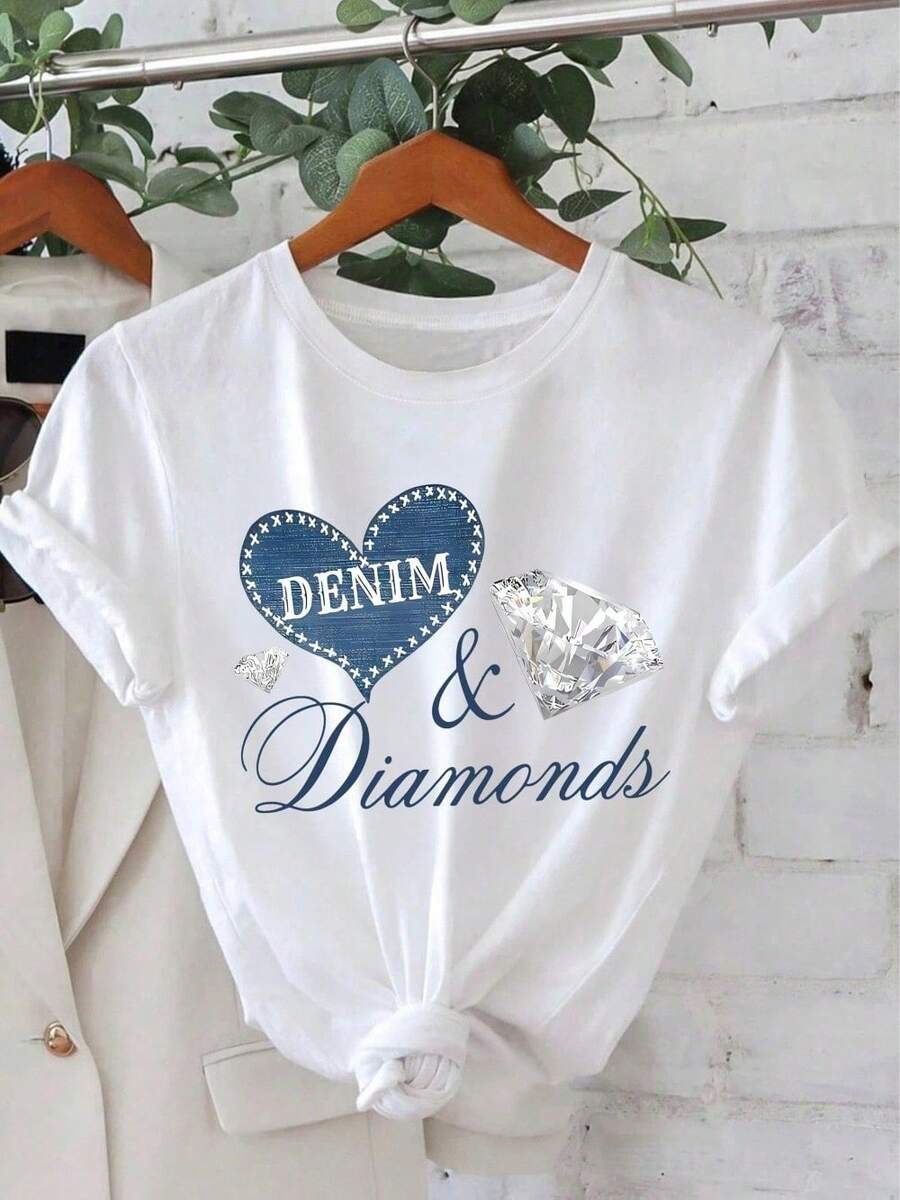 [Printed Pants - Not Denim Fabric] 1 Piece Women's Short Sleeve Crew Neck T-Shirt With Heart And Rhinestone Print, Casual Fashion Top For Women,  Women's Clothing, Holiday Gift, Birthday Gift - 白色 - 查看 1