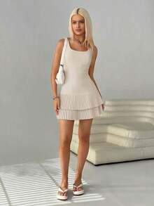 Vestido corto sin mangas de cuello redondo con pliegues de unicolor para mujer - Albaricoque - Ver 4