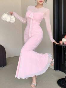 Vestido de verano de malla transparente rosa con diseño 2 en 1, con lazo en la cintura, elegante para el Día de San Valentín, boda, fiesta, ocasión formal, moda, ajuste ceñido, longitud midi, manga larga para mujer - Rosa - Ver 9