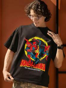Spider Man In Action Pose Graphic T Shirt 100 Percent Cotton Loose T Shirt MARVEL  Marvel Universe  Superhero Summer Outfits Men Mens Clothing Mens Tops Streetwear Mens Gift Ideas Innerwear Or Outfits,Mens Fashion - Black - View 5