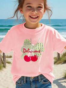 Delicious Cherry Pattern Printed T-Shirt For Kids - Pink - View 8