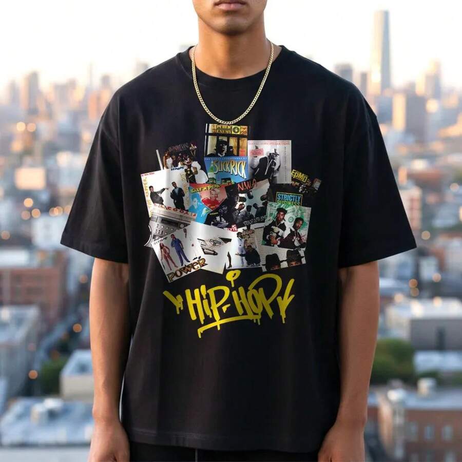 80s Hip Hop Collage T-Shirt: Retro Rap Fashion - 黑色 - 查看 1