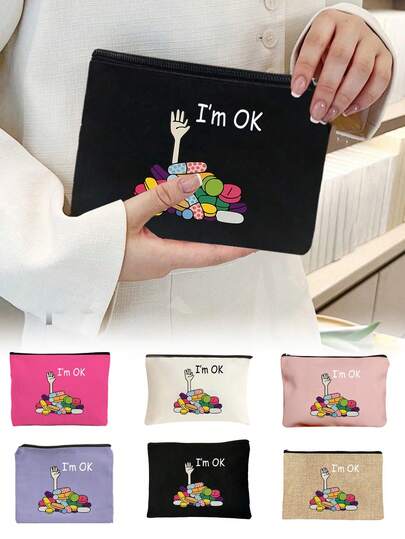 Pill & "I'm Ok" Letter Printed Small Pouch, 6 Vibrant Color Options Pill Case Medicine Organizer Cosmetic Bag Storage , Lightweight Zippered Easy-Clean Portable Soft Lining Secure Closure, For Daily Use Travel Gym Office School Home Camping, For Women Men Teens Seniors Students, For Storing Pills Vitamins Supplements Skincare Toothbrush Small Toiletries Earphones Keys.