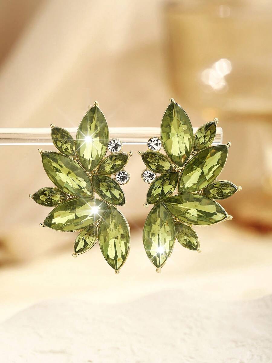 1 Pair Bohemian Alloy Rhinestone Inlaid Exaggerated Earrings For Women - Olive Green - View 1