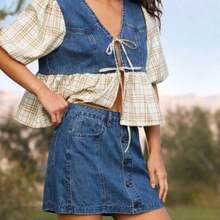 Nana's Women's Clothing Store  Minifalda vaquera con botones frontales, cintura media y costuras occidentales para primavera y verano - Azul lavado medio - Ver 1
