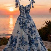 Vestido elegante con estampado floral y hombros con lazo para vacaciones - Amarillo - Ver 2