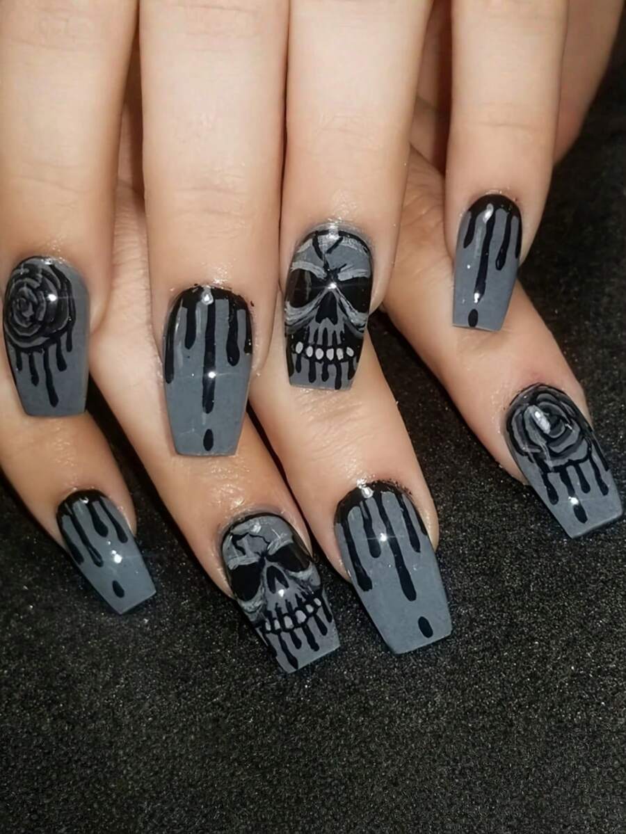 24 móng tay giả hình đầu lâu phong cách Gothic, kiểu dáng đơn giản dễ thương, bóng bẩy, thích hợp cho Halloween, đám cưới, lễ tốt nghiệp, tiệc tùng. - Nhiều màu - Xem 1