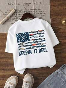 Ultra-Comfortable And Super-Soft Polyester T-Shirt For Children Aged 4-12, Featuring A "Keepin' It Reel" American Flag Fishing Lure Print, Relaxed Fit, Stylish And Casual For Everyday Wear, High Profile And High Demand, A Favorite For Daily Life And Commuting, New Arrival, Express Delivery. - 白色 - 查看 2