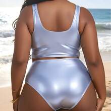 Nuevo conjunto de bikini de dos piezas de talla grande, estilo top sin mangas con relieve dorado y color sólido. - Plateado - Ver 3