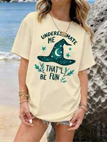 1PSCPlus Size Women's Plus Size Graphic T-Shirt With Witch Hat Print - Slogan "Underestimate My Ability, It'll Be Fun", Short Sleeve, Crew Neck, Casual Summer Style, Spring Blouse Suitable For Easter Gifts, Mother's Day Outfits, And Casual Wear. Classic Cotton Crew Neck T-Shirts With Fashionable Print, Lightweight And Breathable - Unisex Cotton Short Sleeve Crew Neck T-Shirt In Urban Vintage Style. Women's Blouses. Casual Blouses For Ladies. - 杏色 - 查看 2
