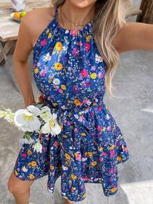 Vestido de Verano Clasi con Estampado Floral, Cintura Elástica y Volantes en el Bajo - Azul - Ver 3