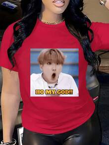 Oh My God Face Digital Print Short Sleeve Unisex Pure Cotton Loose And Comfortable - 紅色 - 查看 1