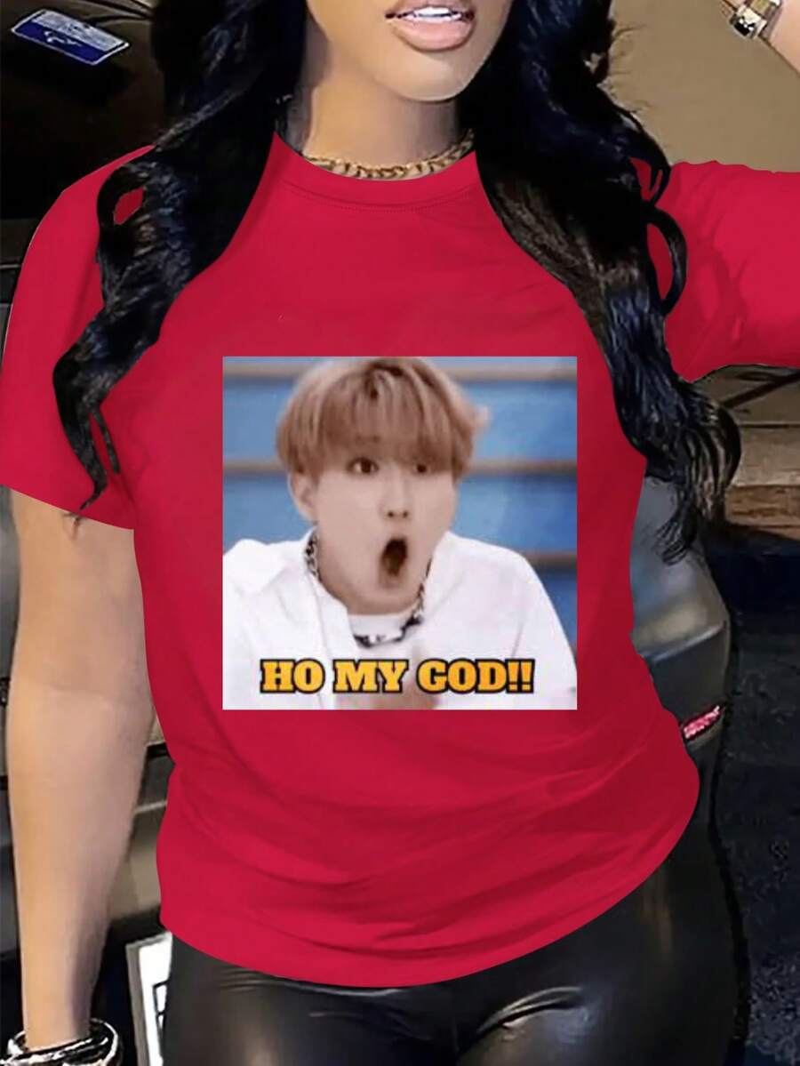 Oh My God Face Digital Print Short Sleeve Unisex Pure Cotton Loose And Comfortable - 紅色 - 查看 1