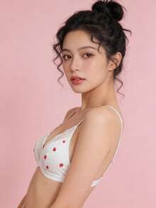 1pc Women's Cute Printed Lace Patchwork Wireless Unpadded Comfortable Triangle Cup Bra - White - View 4