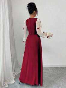 Vestido de mujer con parches tejidos, decoración de lazo y cintura ceñida - Rojo - Ver 2
