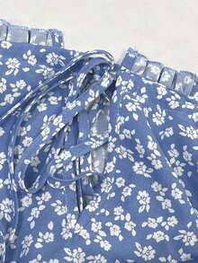 Vestido maxi de mujer talla con abertura y escote halter, romántico francés, lindo, elegante, vintage con estampado floral verde pequeño para verano y playa - Azul 3 - Ver 9