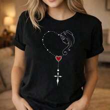 1 pieza Camiseta estampada nueva de caliente en 2026, Camiseta de algodón puro de talla grande unisex con diseño de Virgen María, corazón y rosario, top espiritual cristiano negro para hombres y mujeres, ¡!Camiseta estampada de manga corta casual y elegante para mujer.Ofrece una comodidad extremadamente alta. - Negro - Ver 1