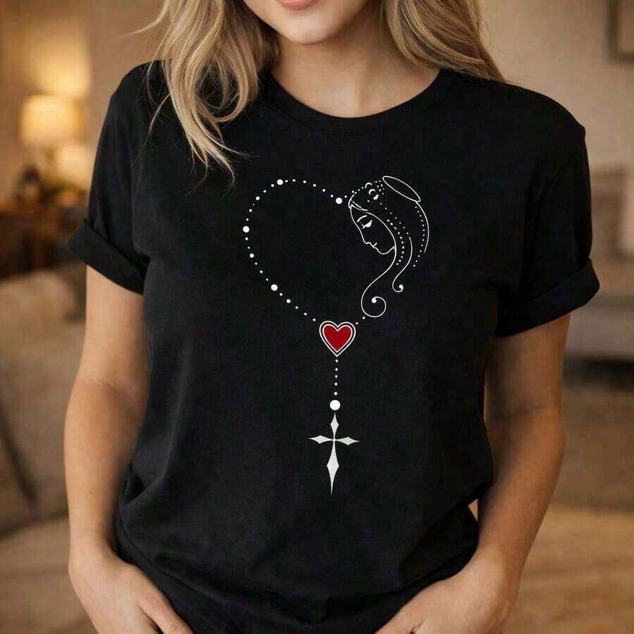 1 pieza Camiseta estampada nueva de caliente en 2026, Camiseta de algodón puro de talla grande unisex con diseño de Virgen María, corazón y rosario, top espiritual cristiano negro para hombres y mujeres, ¡!Camiseta estampada de manga corta casual y elegante para mujer.Ofrece una comodidad extremadamente alta. - Negro - Ver 1