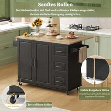 Mesa de cocina móvil grande de 137 x 43 (76) x 92 cm, encimera de roble, diseño plegable, armario multifuncional, 3 cajones, toallero, adecuada para cocina, comedor y hogar. - Negro - Ver 3