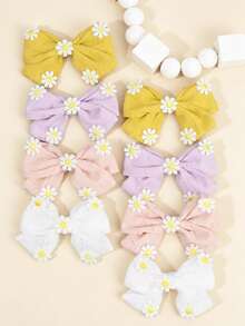 Set de 8 piezas de accesorios para el cabello de niñas con bordado floral, pinzas de pelo con margaritas lindas, pinzas de cocodrilo de poliéster minimalistas, adecuadas para atuendos de verano y uso diario casual, pinzas de pelo elegantes, accesorios de playa para adolescentes - Multicolor - Ver 2
