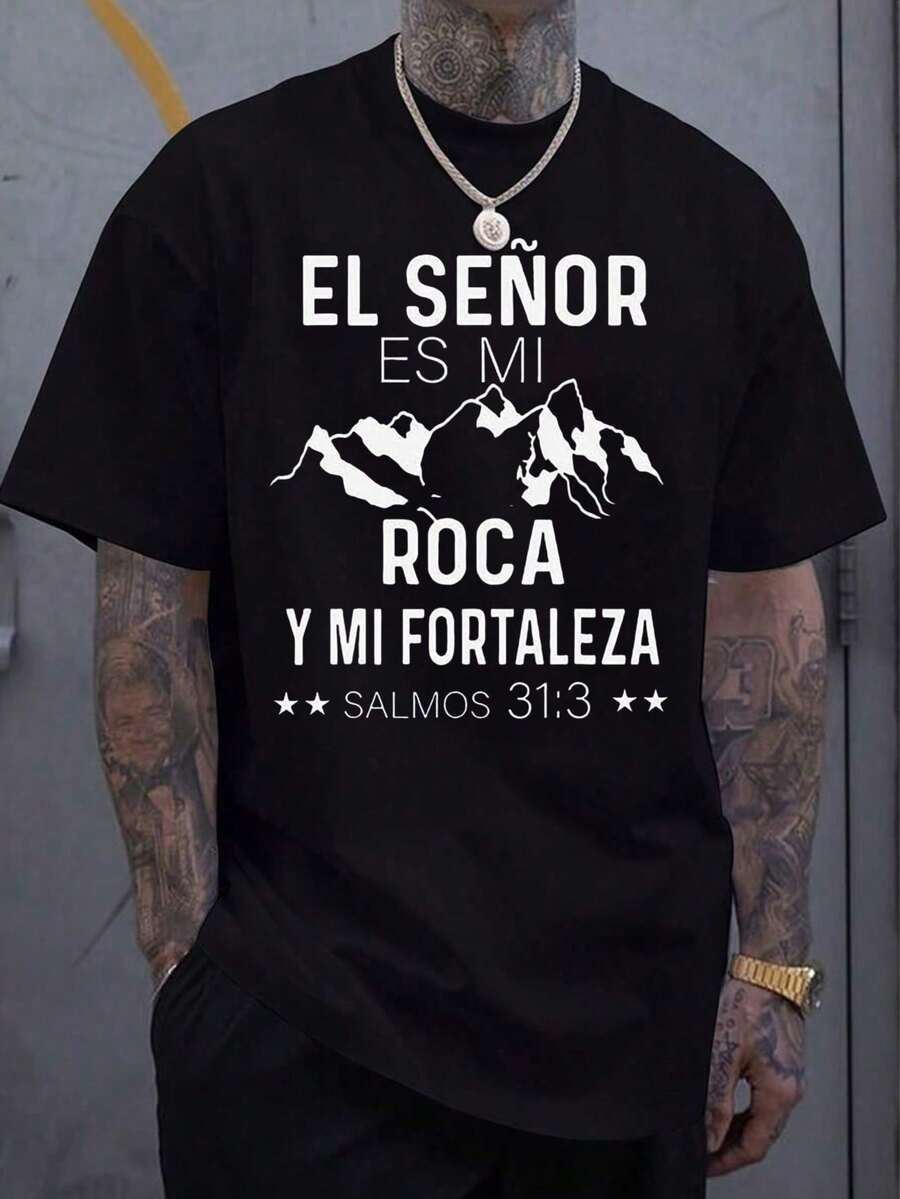 1pc Camiseta de Hombre 180gsm con Citación de Escritura Cristiana Española y Diseño de Montaña - Negra con Impresión Blanca, Camiseta Casual de Ajuste Regular Ropa Casual, Actividades al Aire Libre, Comodidad Todas las Estaciones - Negro - Ver 1