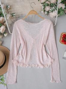 Áo khoác ngoài cổ chữ V màu hồng nhạt viền ren, áo len cổ choàng nhẹ nhàng dễ thương cho mùa hè đi học dành cho nữ. - Màu Hồng baby - Xem 6