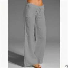 New In Stock: Women's High-Waisted Wide-Leg Pants With Large Bell-Shaped Pockets, Cotton-Linen Casual Pants For Women - 灰色 - 查看 1