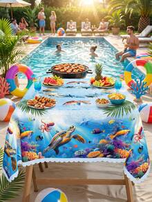Toalha de Mesa com Estampa de Tartaruga Marinha Retangular/Oval/Redonda, Toalha de Mesa de Renda Estilo Oceano de Verão em Poliéster, Adequada para Decoração Doméstica, Cozinha, Casamento, Decoração Vintage, Chá de Jardim de Primavera/Verão, Piquenique em Pátio Externo, Festa na Praia, Decoração de Aniversário, Decoração de Festa, Recepção de Casamento, Reunião Familiar, Dia das Mães e Dia dos Pais - Multicolorido - Visão 16