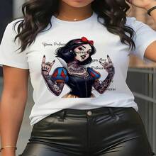 Oversized Casual Short Sleeve T-Shirt For Women - Skull And Tattoo Graphic Print, Slightly Stretchy Crew Neck, Machine Washable, Spring Summer Autumn Top, Bold Fashion Gift For Women, Versatile Seasonal Shirt, Floral Print Shirt, Comfortable Fit Shirt, Everyday Wear Top, Soft Fabric, Printed T-Shirt, Women's S-XXXL - 白色 - 查看 1