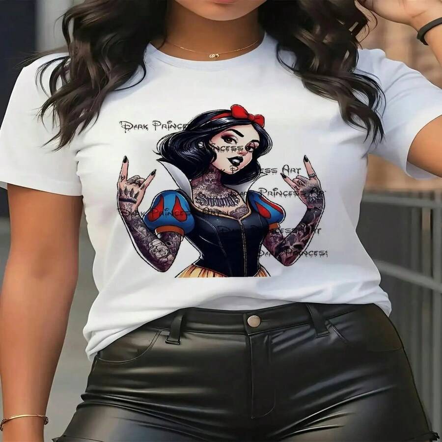 Oversized Casual Short Sleeve T-Shirt For Women - Skull And Tattoo Graphic Print, Slightly Stretchy Crew Neck, Machine Washable, Spring Summer Autumn Top, Bold Fashion Gift For Women, Versatile Seasonal Shirt, Floral Print Shirt, Comfortable Fit Shirt, Everyday Wear Top, Soft Fabric, Printed T-Shirt, Women's S-XXXL - 白色 - 查看 1