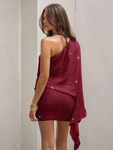 Vestido de verano de mujer elegante con un hombro, con textura y adornos de lentejuelas, vestido de un solo manga, vestido asimétrico, vestido lila para mujer, vestido de verano de un solo hombro, vestido asimétrico para mujer - Burdeos - Ver 2