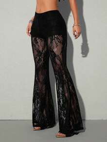 ICON Pantalones acampanados de talle bajo con encaje, de uso elegante y de moda para mujer, inspirados en el estilo y Y2K - Blanco - Ver 8