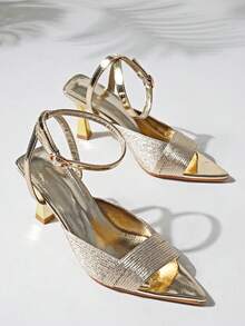 Women's Fashion Metal Shiny Gold Elegant Pointed Toe Mule Ankle Strap High Heel Sandals - Suitable For Party And Wedding Attire - Gold - View 7