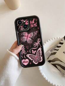 1 Piece Shockproof, Waterproof And Scratch Resistant Phone Case With Lens Protection, Pink Graffiti Butterfly And Black  Design, Compatible With Apple///, International Version, Not The Domestic Version - 黑色 - 查看 8