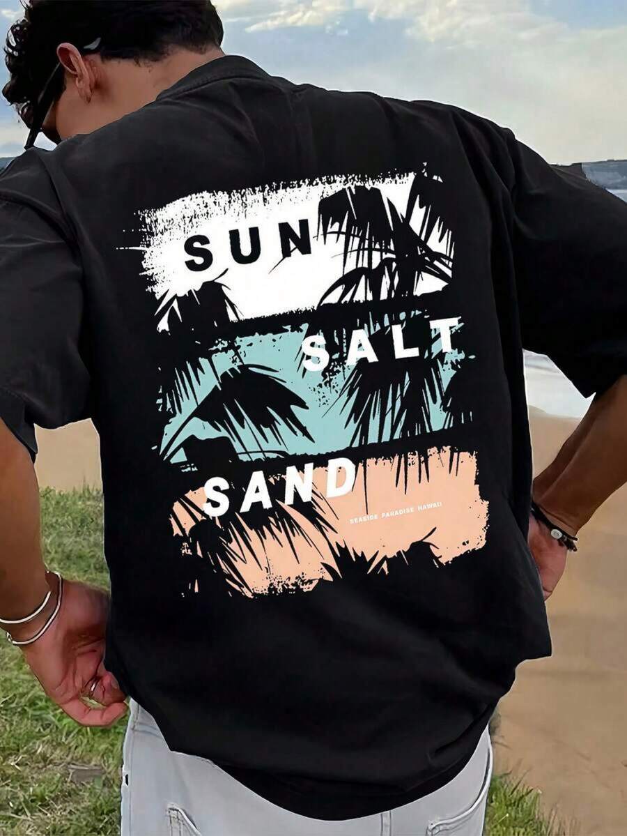 Camiseta de hombre con estampado gráfico, ropa de playa de verano, camiseta de manga corta de corte holgado SUDZ - Negro - Ver 1