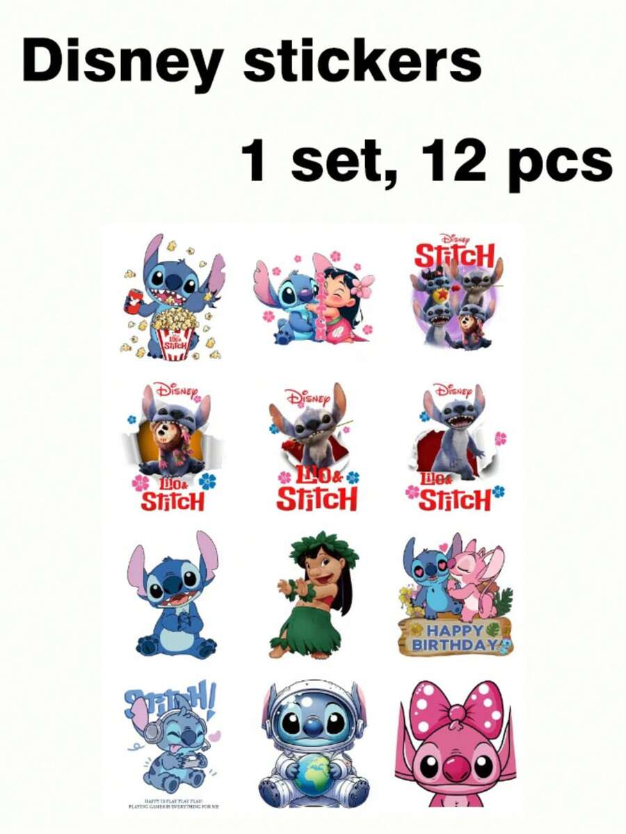 Disney 迪士尼 Lilo & Stitch 自黏貼紙，可愛卡通史迪仔與天使裝飾貼花，適用於 DIY 手作，此貼紙組包含 12 款經典 Lilo & Stitch 角色生動設計，包括調皮的史迪仔、可愛的天使、甜美的 Lilo，適合裝飾筆記型電腦、水壺、手機殼、日記本、剪貼簿 - 貼紙 - 查看 1