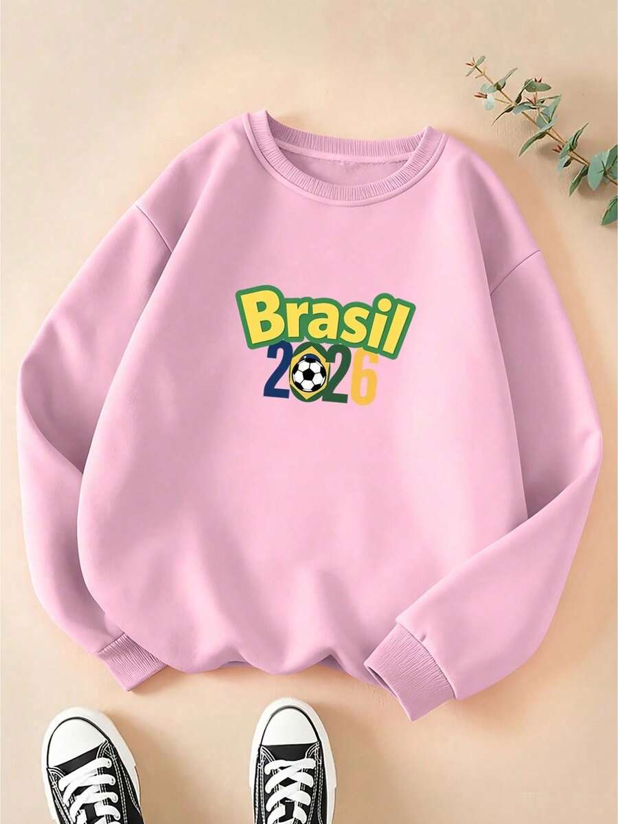 Women's Casual Crew Neck Sweatshirt With Brazil 2026 Football Print, Versatile Long-Sleeved Crew Neck Top, Machine Washable, Suitable For All Seasons, Women's Clothing, Cheapest, World Cup And Elections - rosa - 查看 1