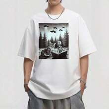 1 Pc Unisex Short-Sleeved T-Shirt In Black And White With Alien And Cat Print, Perfect For Everyday Wear For Science Fiction Enthusiasts. 180g 100% Cotton - 白色 - 查看 11