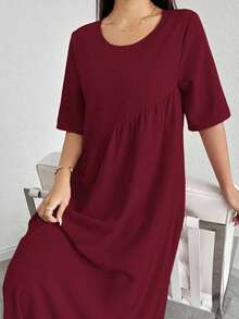 Vestido casual de fiesta con cuello redondo y plisado de unicolor, adecuado para el verano - Burdeos - Ver 6