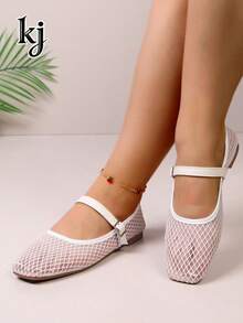 Women's Flat Shoes, Breathable Non-Slip Soft-Sole Mesh Hollow-Out Solid Color Square Toe Mary Jane Shoes, Suitable For Work, White, Ballet Flats - White - View 4
