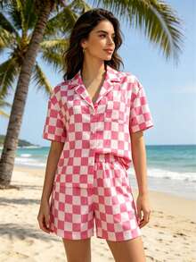 Conjunto de 2 piezas de moda de punto para mujer, top holgado con estampado de tablero de ajedrez + pantalones cortos con cintura elástica, casual y cómodo para uso diario, salidas y hogar - Rosa - Ver 1