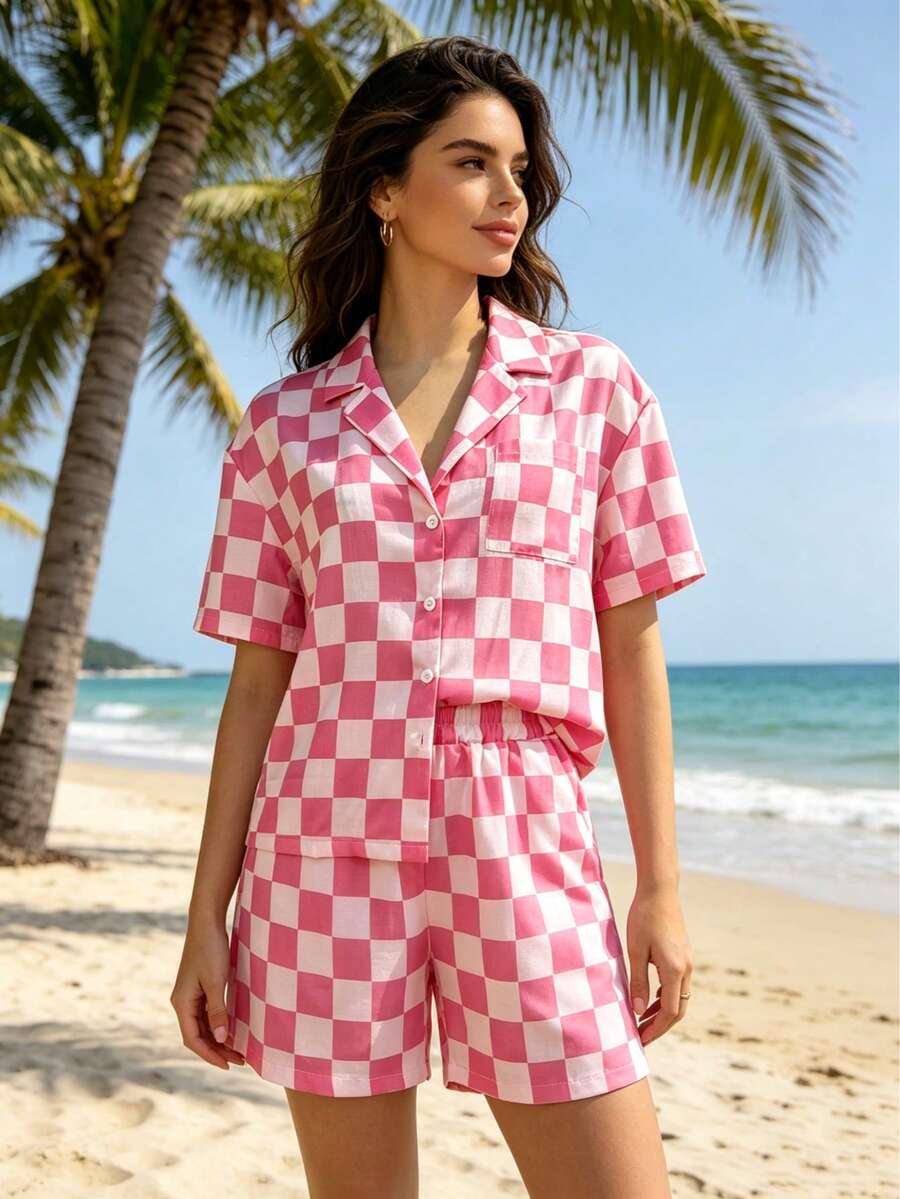 Conjunto de 2 piezas de moda de punto para mujer, top holgado con estampado de tablero de ajedrez + pantalones cortos con cintura elástica, casual y cómodo para uso diario, salidas y hogar - Rosa - Ver 1